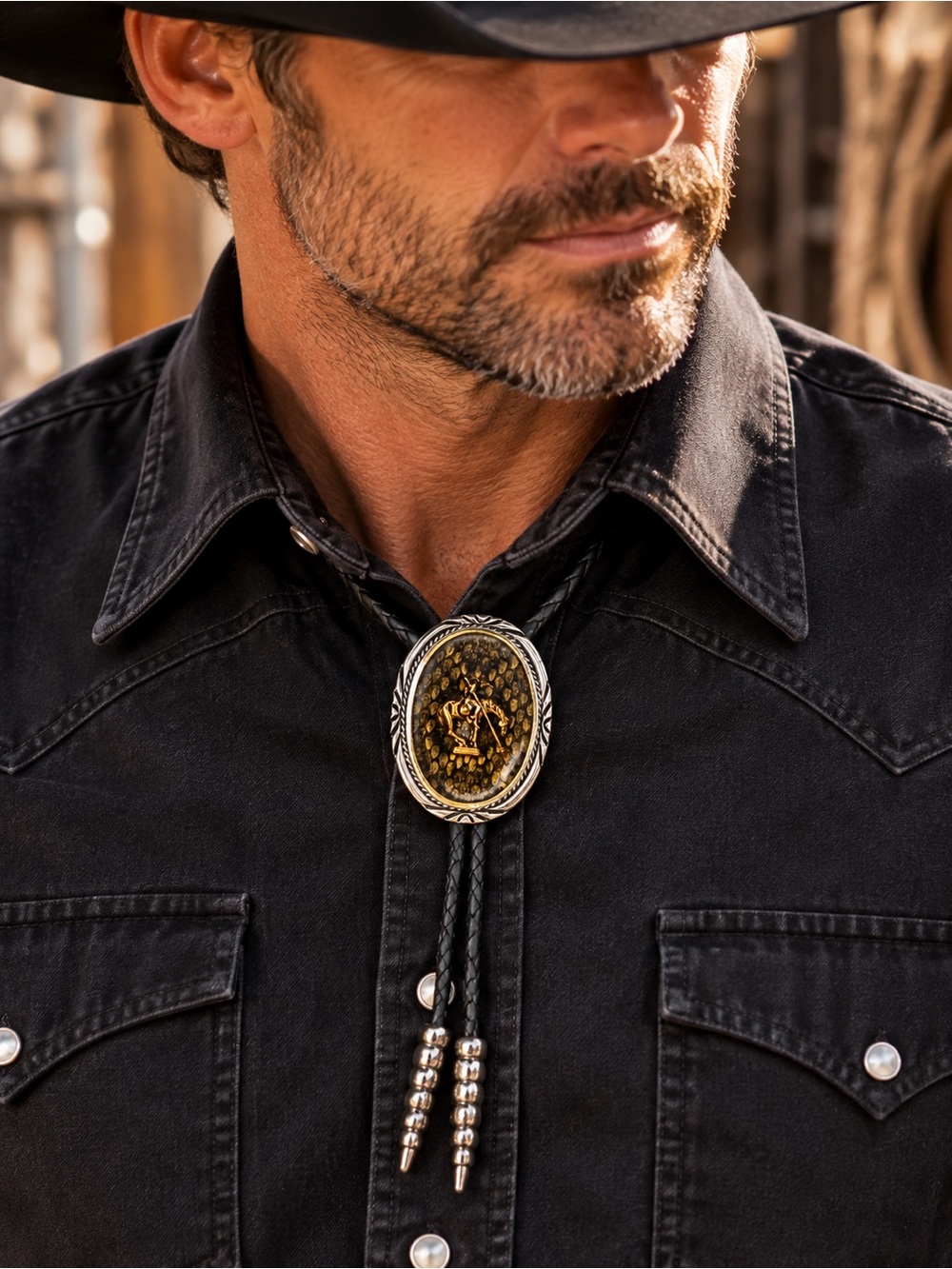 Vintage Diamondback Rattlesnake Skin Bolo Tie – Gold Tone Cowboy Rider Western